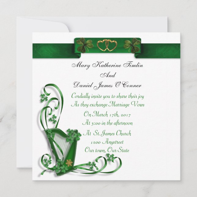 Irish Wedding invitation Harp shamrocks and ribbon (Front)