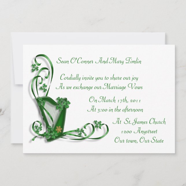 Irish Wedding invitation Harp shamrocks and ribbon (Front)