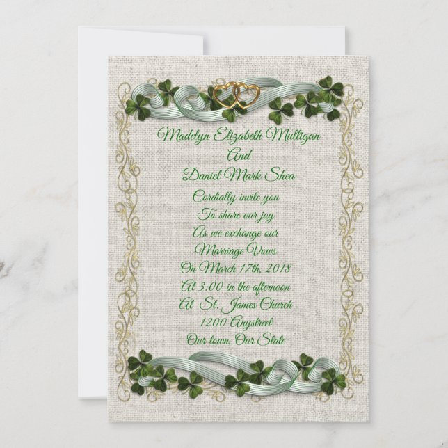 Irish Wedding invitation shamrocks and ribbons (Front)