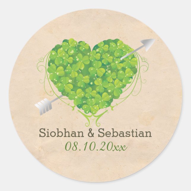 Irish Wedding Shamrock Heart Classic Round Sticker (Front)
