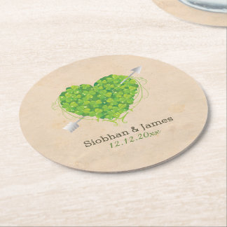 Irish Wedding Shamrock Heart Round Paper Coaster