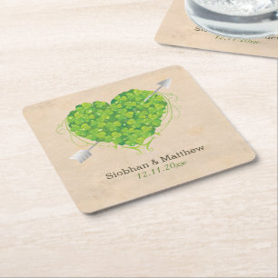 Irish Wedding Shamrock Heart Square Paper Coaster