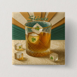 Irish Whiskey Tumbler Shamrock Ice "Sláinte!" 2 Inch Square Button