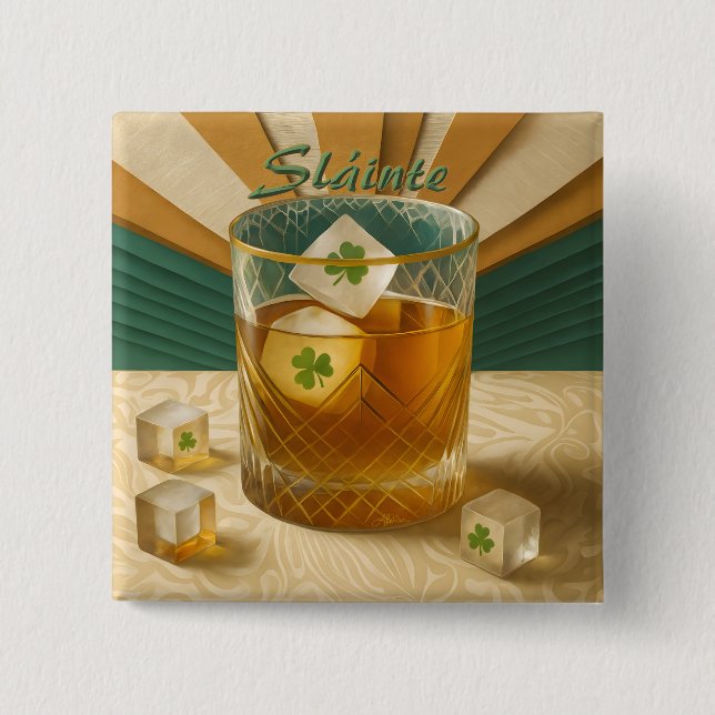 Irish Whiskey Tumbler Shamrock Ice "Sláinte!" 2 Inch Square Button (Front)