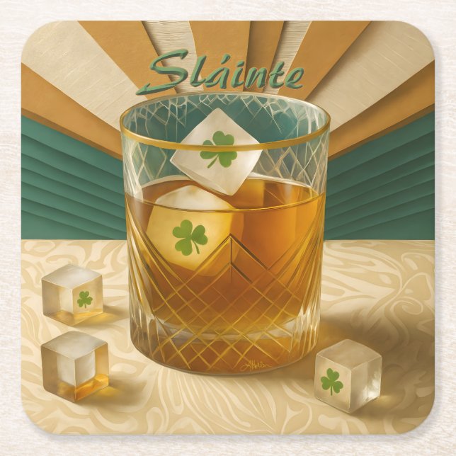 Irish Whiskey Tumbler Shamrock Ice "Sláinte!" Square Paper Coaster (Front)