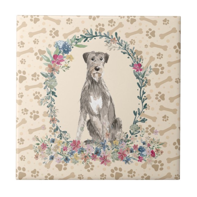 Irish Wolf Hound Dog Paw Print Floral Cute Beige Tile (Front)