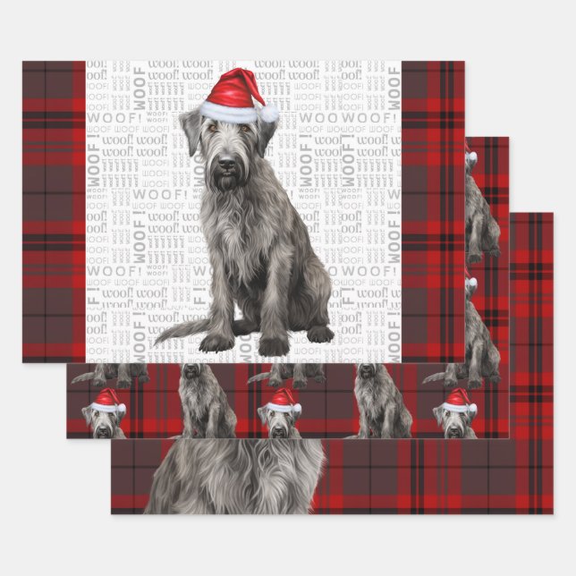Irish Wolfhound Christmas Dog Red Holiday Plaid Wrapping Paper Sheet (Set)