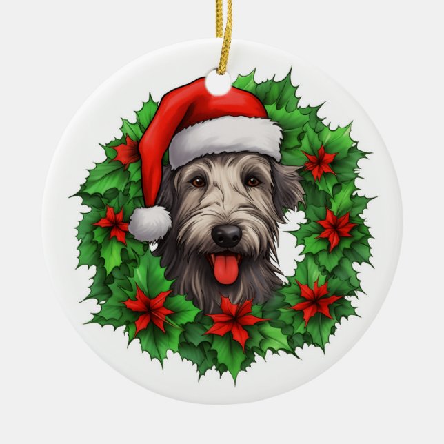 Irish Wolfhound Christmas Wreath Ceramic Ornament (Front)