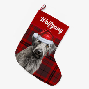 Irish Wolfhound Dog Red Holiday Plaid Personalized Large Christmas Stocking