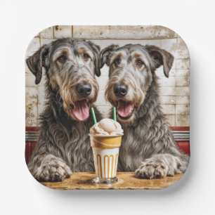 Irish Wolfhound Dogs Sharing a Milkshake Paper Plate