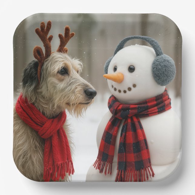 Irish Wolfhound Gazing at a Cute Snowman Paper Plate (Front)