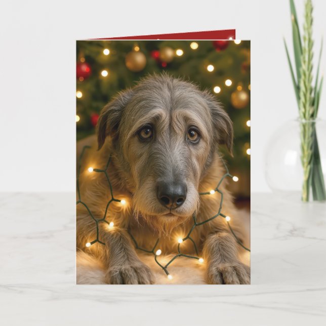 Irish Wolfhound Tangled In Holiday Lights Card (Front)