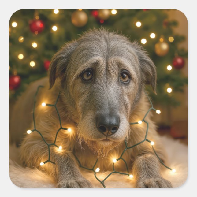 Irish Wolfhound Tangled In Holiday Lights Square Sticker (Front)