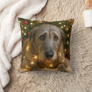Irish Wolfhound Tangled In Holiday Lights Throw Pillow