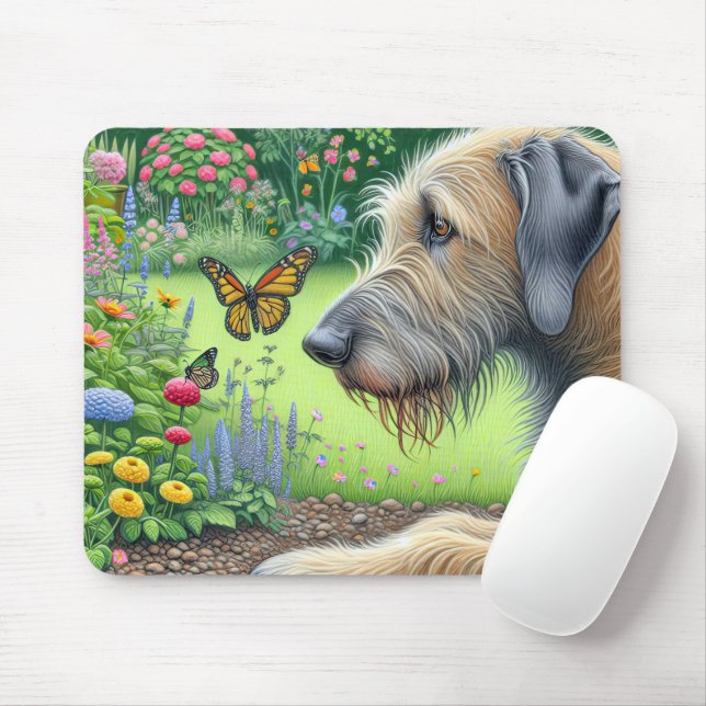 Irish Wolfhound Watching a Butterfly Mouse Pad (With Mouse)