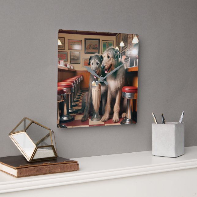 Irish Wolfhounds In Retro Diner Square Wall Clock (Office)