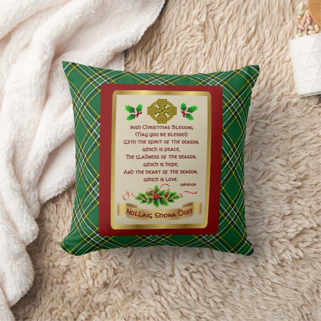 Irish Xmas Blessing w/Irish National Tartan Throw Pillow (Blanket)