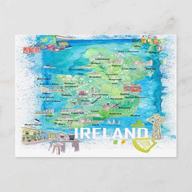 Irlande Carte de voyage illustrée avec routes (Devant)
