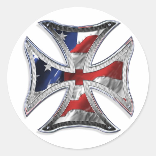 Iron Cross w/ American Flag Classic Round Sticker (Front)