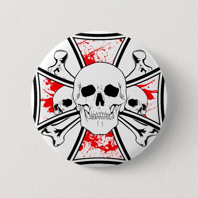 Iron Cross with Skulls and Cross Bones 2 Inch Round Button (Front)