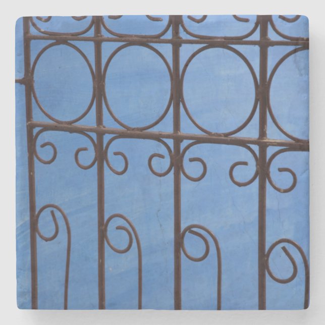 Iron gate pattern in blue, Cuba Stone Coaster (Front)