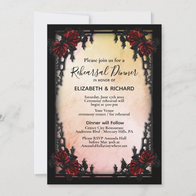 Iron Gothic Red Rose Peach Rehearsal Dinner Invitation (Front)