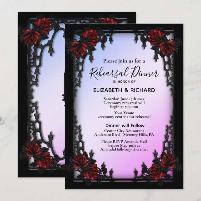 Iron Gothic Red Rose Purple Rehearsal Dinner Invitation (Front/Back)