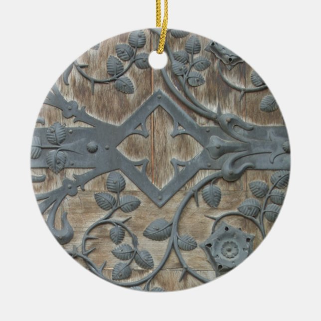 Iron Medieval Lock on Wooden Door Ceramic Ornament (Front)