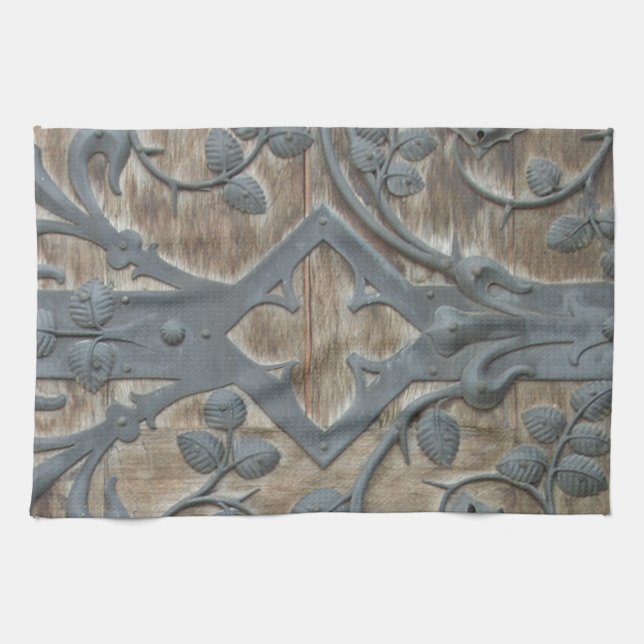 Iron Medieval Lock on Wooden Door Kitchen Towel (Horizontal)