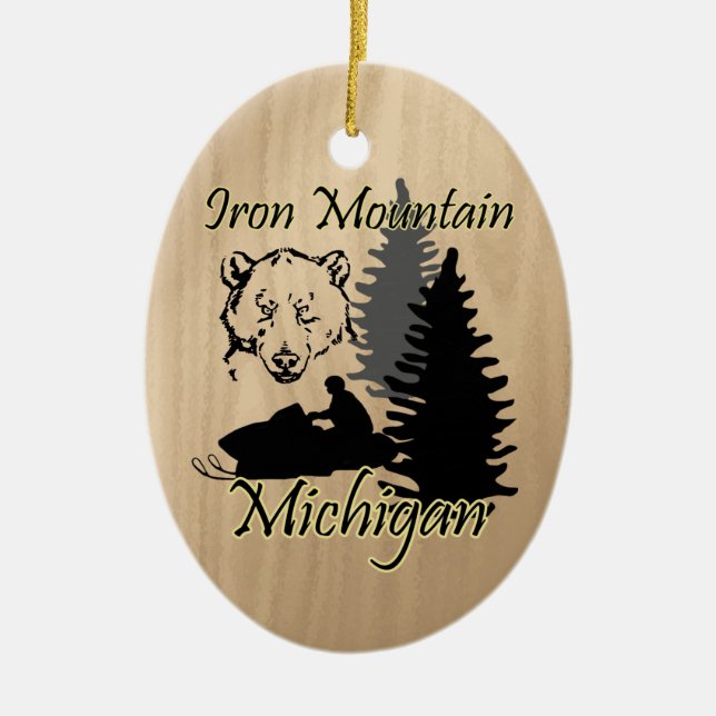 Iron Mountain Michigan Snowmobile Bear Ceramic Ornament (Front)