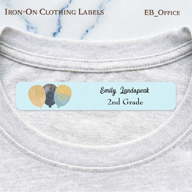 Iron on Teal Glitter Party Balloons (Teal Blue Glitter Balloon iron-on clothing labels.
Size: 1.75” x 0.3125”
2 sheets of 48 labels.
)