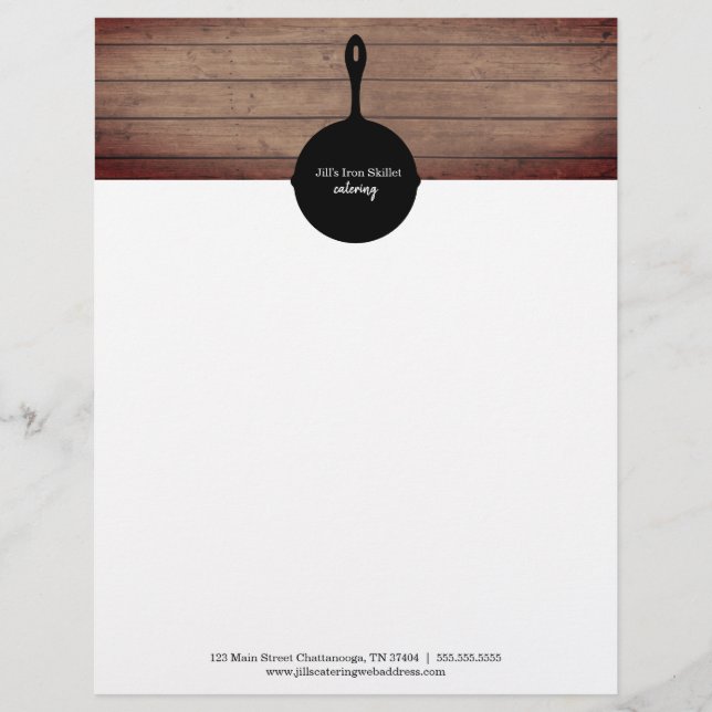 Iron Skillet Rustic Wood Restaurant Catering Food Letterhead (Front)