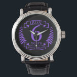 Iron wedding anniversary 6 years watch<br><div class="desc">A design to celebrate 6 years of marriage. This design has a purple (the traditional colour for this occasion) coloured laurel design on a black background. Iron is the traditional gift for this occasion. The text reads Iron 6 years anniversary. A romantic design to celebrate your 6th year of marriage....</div>