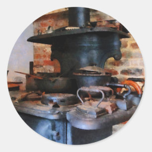 Irons Heating on Stove Classic Round Sticker