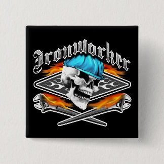 Ironworker Skull and Flaming Wrenches 2 Inch Square Button