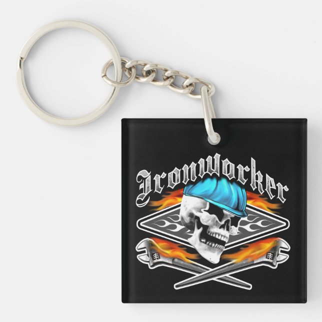Ironworker Skull and Flaming Wrenches Keychain (Front)
