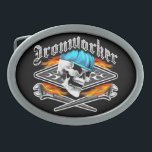 Ironworker Skull and Flaming Wrenches Oval Belt Buckle<br><div class="desc">A cool (and rather fierce) iron worker skull wearing his blue hard hat,  over flaming crossed spud wrenches,  in front of a flaming diamond background. Designed by sdesiata,  for the apprentice,  journeyman,  skilled ironworker,  and those with a fierce passion for the trade.</div>