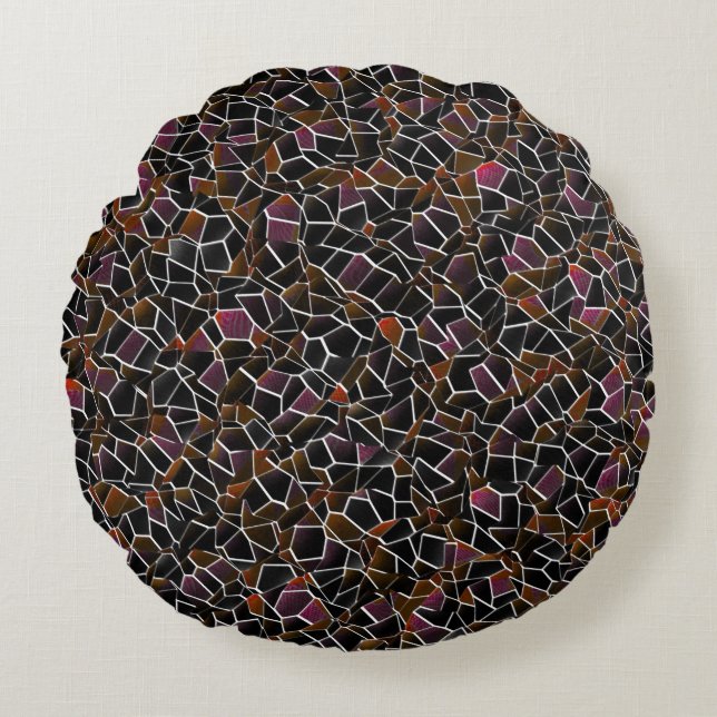 Irregular dark red brown mosaic mess upon white round pillow (Front)