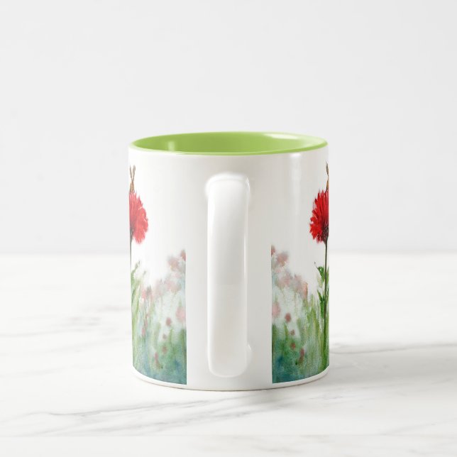 "Irresistible." Bumble Bee drawn to a Red Zinnia. Two-Tone Coffee Mug (Handle)