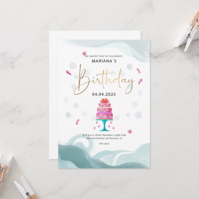 irthday Party Invitation | Pink Cake Theme | Custo (Front/Back In Situ)