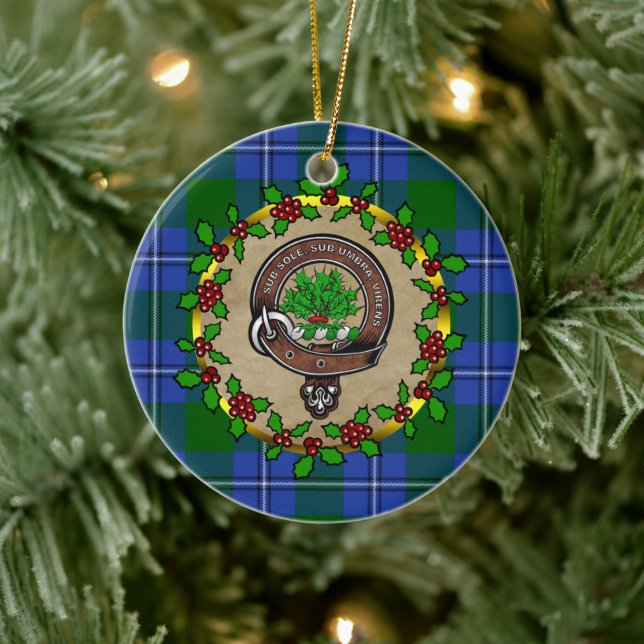 Irvine Clan Badge & Tartan Personalized Christmas Ceramic Ornament (Tree)