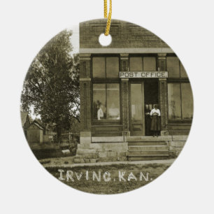 IRVING KANSAS POST OFFICE PHOTO MARSHALL COUNTY KS CERAMIC ORNAMENT
