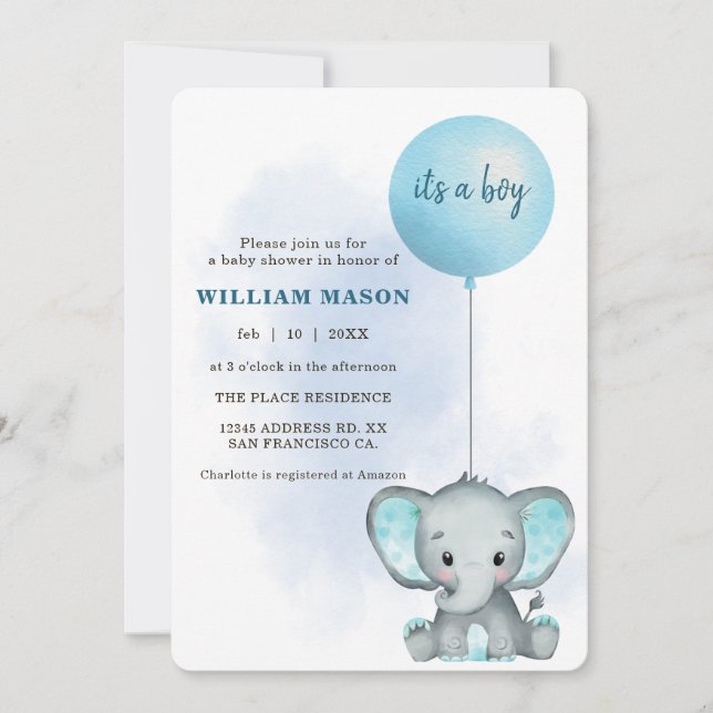 I's a Boy Baby Elephant Blue Balloon Baby Shower Invitation (Front)