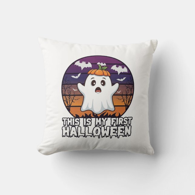 Is First Halloween Ghost Pumpkin Hat Bats_1 Throw Pillow (Front)
