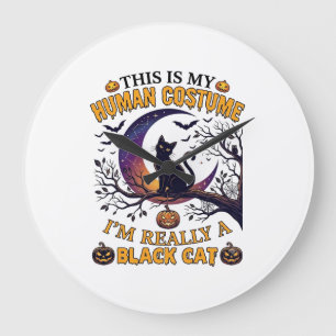 Is Human Costume Black Cat Halloween Moon_1 Large Clock
