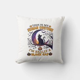 Is Human Costume Black Cat Halloween Moon_1 Throw Pillow