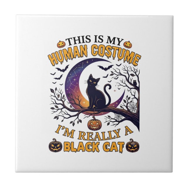 Is Human Costume Black Cat Halloween Moon_1 Tile (Front)