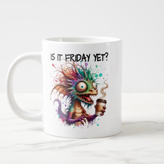 Is It Friday Yet? Frazzled Coffee Drinking Dragon  Large Coffee Mug (Left)
