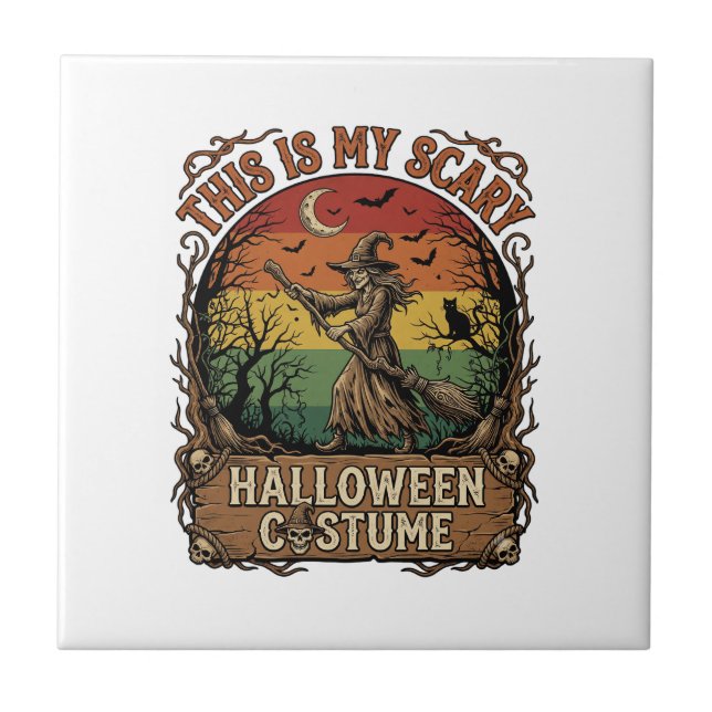 Is Scary Halloween Costume Witch Broom Cat Tile (Front)