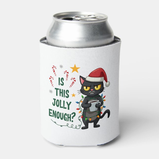 Is This Jolly Enough Black Cat Merry Christmas Tre Can Cooler (Can Front)
